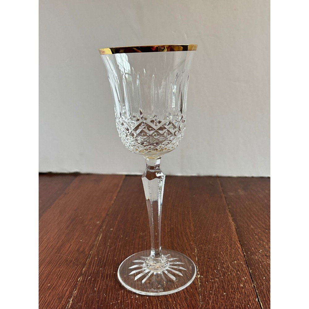 Wedgwood‎ Crystal Wine Glass Gold Rim Diamond Cut Pattern Starburst Base Etched